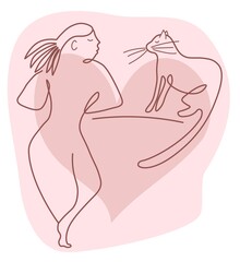 Abstract body silhouette of woman with cat on heart shape background. Surrealistic line drawing. Modern continuous line art