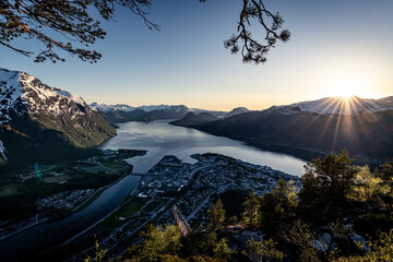 Beautiful landscape view of a small city near to the lake in Norway