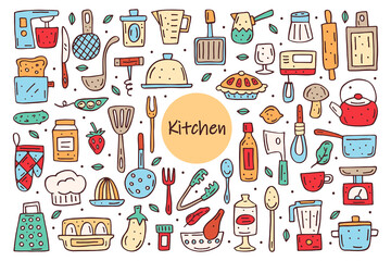 Kitchen elements cute doodle hand drawn vector clipart, set of elements, icons, stickers. Colorful design. Isolated on white background. Cooking equipment, food, kitchenware.