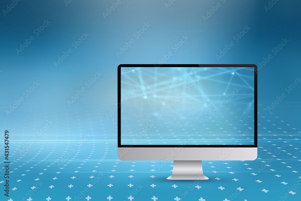 Poster abstract blue background design with a modern monitor and connecting lines