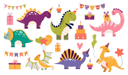 Cartoon cute dinosaurs set for birthday party