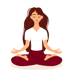 Young brunette girl sitting in lotus pose at home. Vector illustration isolated on white background of the woman doing yoga, meditation, healthy lifestyle. Crossed legs.