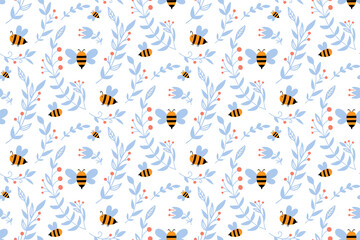 Vector nursery seamless pattern with honey bee