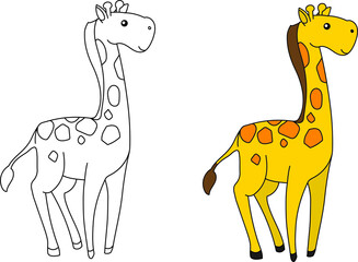Giraffe vector drawing cartoon coloring for children line art and colored