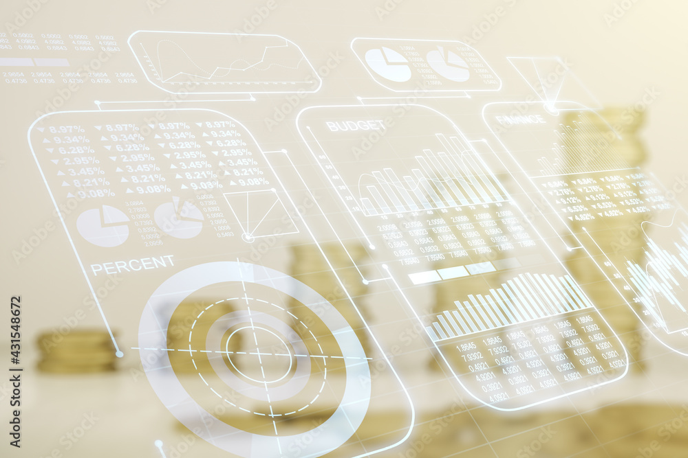Poster double exposure of abstract virtual statistics data hologram on growing stacks of coins background, 
