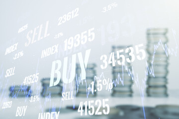 Multi exposure of virtual creative financial chart hologram on growing stacks of coins background, research and analytics concept
