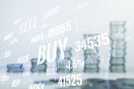 Multi exposure of virtual creative financial chart hologram on growing stacks of coins background, research and analytics concept