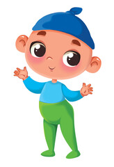 Fashionable cute newborn toddler boy stands. Outfit of sliders, body and hats. Illustration in cartoon style. Cute print fun