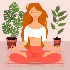 Young red haired girl sitting in lotus pose at home surrounded by plants. Vector illustration of a room with of the woman doing yoga, meditation, healthy lifestyle. Crossed legs.