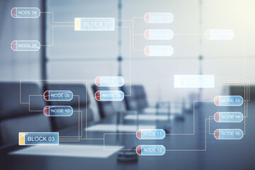 Abstract virtual coding illustration on a modern coworking room background, software development concept. Multiexposure