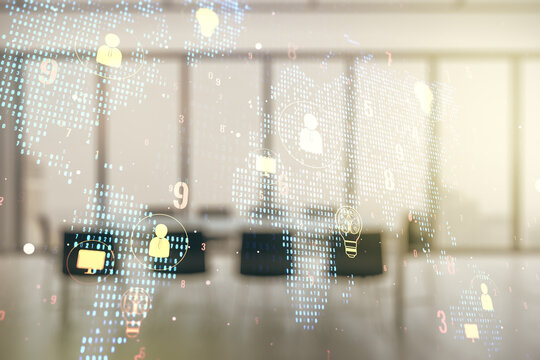 Double exposure of social network icons interface and world map on a modern boardroom background. Networking concept