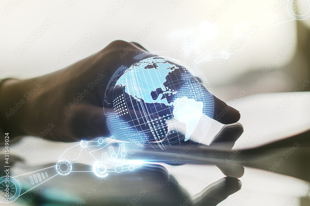 Aufkleber creative abstract robotics technology sketch with globe and hand working with a digital tablet on ba
