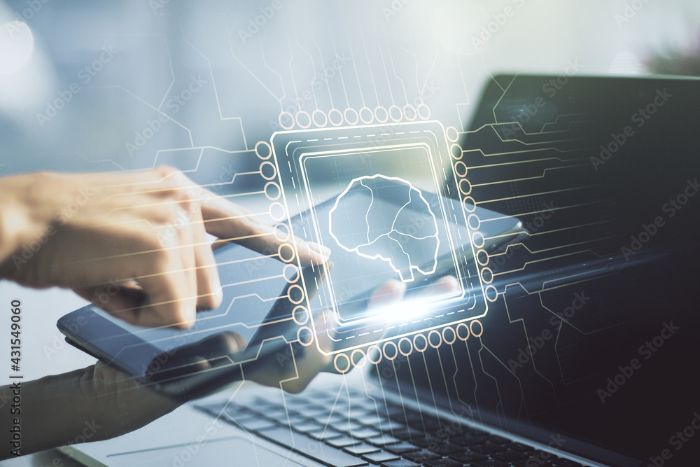 Poster double exposure of creative artificial intelligence symbol with finger clicks on a digital tablet on
