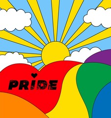 Pride month 2022 logo invitation card with rainbow landscape LGBT flag and sun on blue sky background.Banner Love is love.Pride symbol with heart,sign sexual minorities,gays,lesbians.Design vector