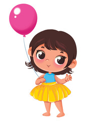 A little girl a newborn brunette stands in an elegant holiday dress and holds a pink balloon in his hand. Cute childish illustration in cartoon style. Cute print fun