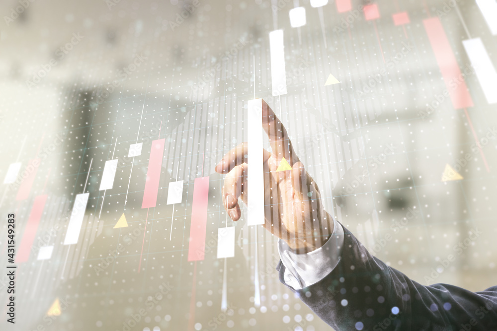 Poster multi exposure of analyst hand clicks on virtual abstract financial graph and world map on blurred o