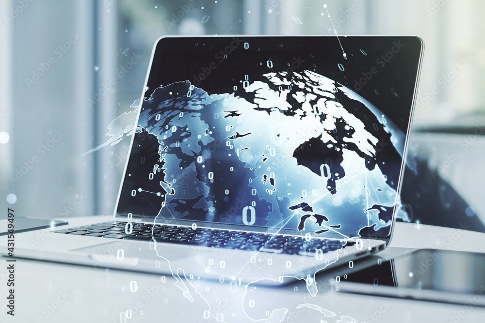 Poster multi exposure of abstract software development hologram with world map on laptop background, global