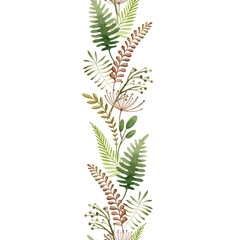 Green fern and forest herb seamless border. Watercolor illustration. Natural organic herb in elegant ornament. Hand drawn organic plant border. Elegant seamless decor. Isolated on white background