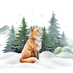 Fox animal in winter landscape. Watercolor illustration. Wild cute red fox in winter forest. Festive print image. Furry animal with red fur on white snow and fir trees. Side view forest animal