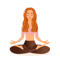 Young red haired girl sitting in lotus pose at home. Vector illustration isolated on white background of the woman doing yoga, meditation, healthy lifestyle. Crossed legs.