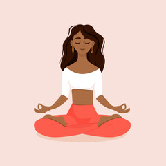 Young brunette girl sitting in lotus pose at home. Vector illustration isolated on pink background of the African American woman doing yoga, meditation, healthy lifestyle. Crossed legs.