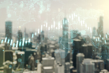 Double exposure of abstract creative financial diagram and world map on blurry office buildings background, banking and accounting concept
