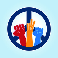 Fototapeta premium Multi-colored unity hands in front of a peace symbol on a gradient blue background. Royalty-free.