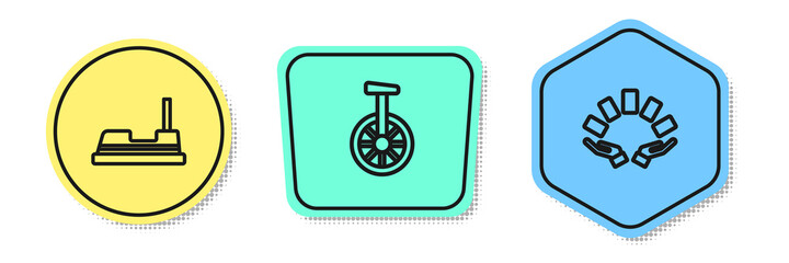 Set line Bumper car, Unicycle or one wheel bicycle and Hand holding playing cards. Colored shapes. Vector © Oksana