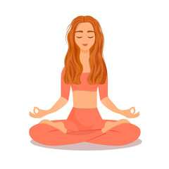 Young red haired girl sitting in lotus pose at home. Vector illustration isolated on white background of the woman doing yoga, meditation, healthy lifestyle. Crossed legs.