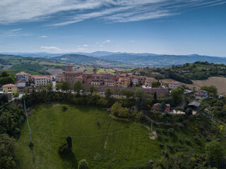 Italy, May 2021: aerial view of the medieval village of Sant'angelo in Lizzola in the province of...