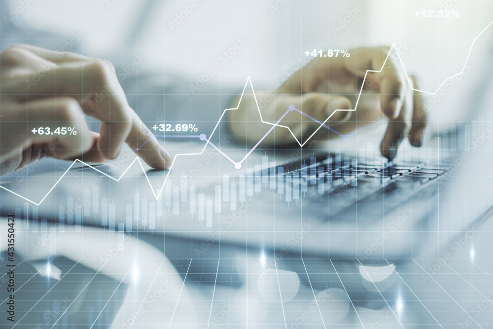 Poster double exposure of abstract creative financial chart with hand typing on computer keyboard on backgr