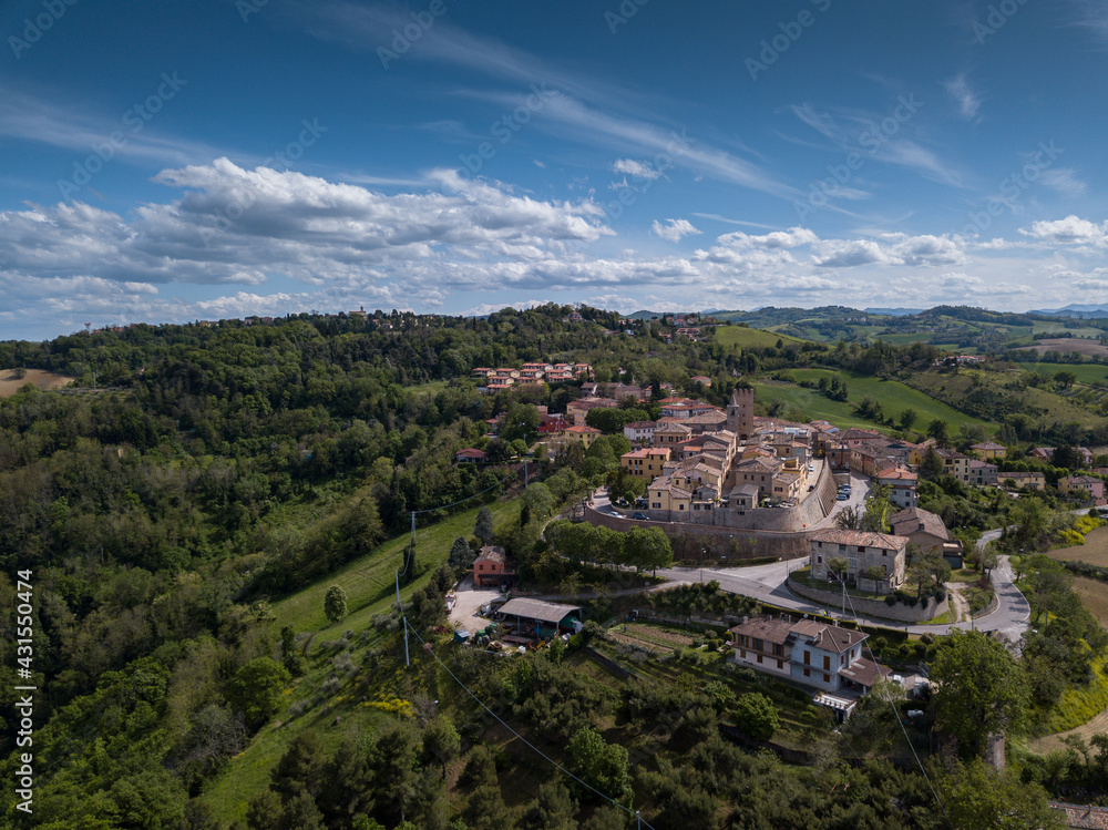 Wall mural italy, may 2021: aerial view of the medieval village of sant'angelo in lizzola in the province of pe