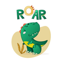 Cute dinosaur cartoon vector illustration. Kids Design for print, poster, invitation, t-shirt and badges.
