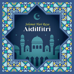 Hari Raya Aidilfitri paper art greeting card. Mosque with modern islamic or arabic pattern design. Geometrical morocco motif background. Flat vector illustration. (translation: Fasting celebration)