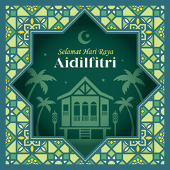 Hari Raya Aidilfitri paper art greeting card. Malay kampung house with modern islamic or arabic pattern design. Geometrical morocco motif background. (translation: Fasting celebration)