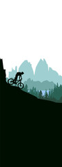 Vertical banner with mountain bike rider in wild mountain nature landscape. Green, black and white illustration. Bookmark. Text insert. 