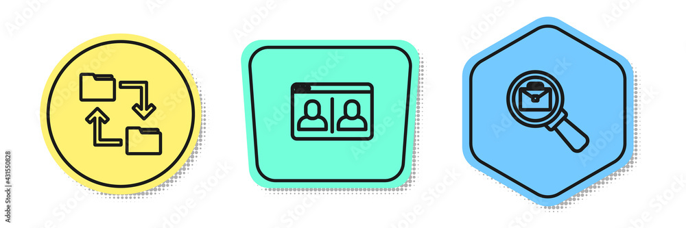 Poster set line cloud storage document folder, video chat conference and magnifying glass with briefcase. c