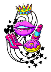 Print with fashion girlish patches. Colorful cute teenage illustration.