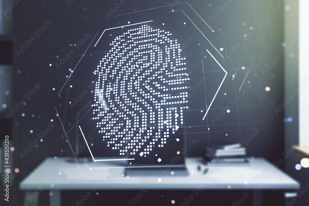Poster double exposure of abstract creative fingerprint hologram and modern desk with computer on backgroun