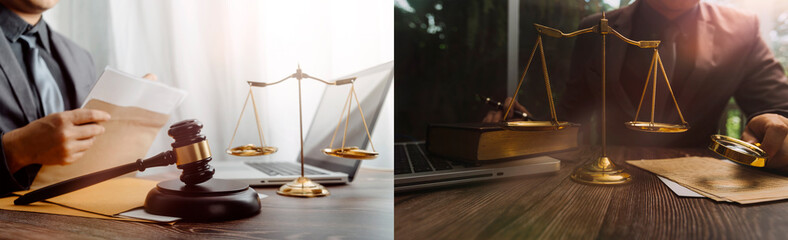 Business and lawyers discussing contract papers with brass scale on desk in office. Law, legal services, advice, justice and law concept picture with film grain effect