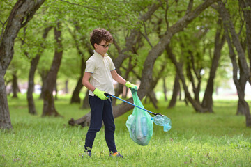 Recycle waste litter rubbish garbage trash junk clean training. Nature cleaning, volunteer ecology green concept. Young men and boys pick up spring forest at sunset. Environment plastic pollution
