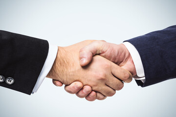 Two businessmen shake hands on a white wall background, deal concept, close up