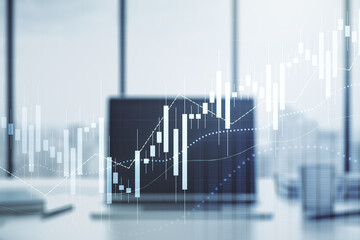 Multi exposure of abstract creative financial chart on computer background, research and analytics concept