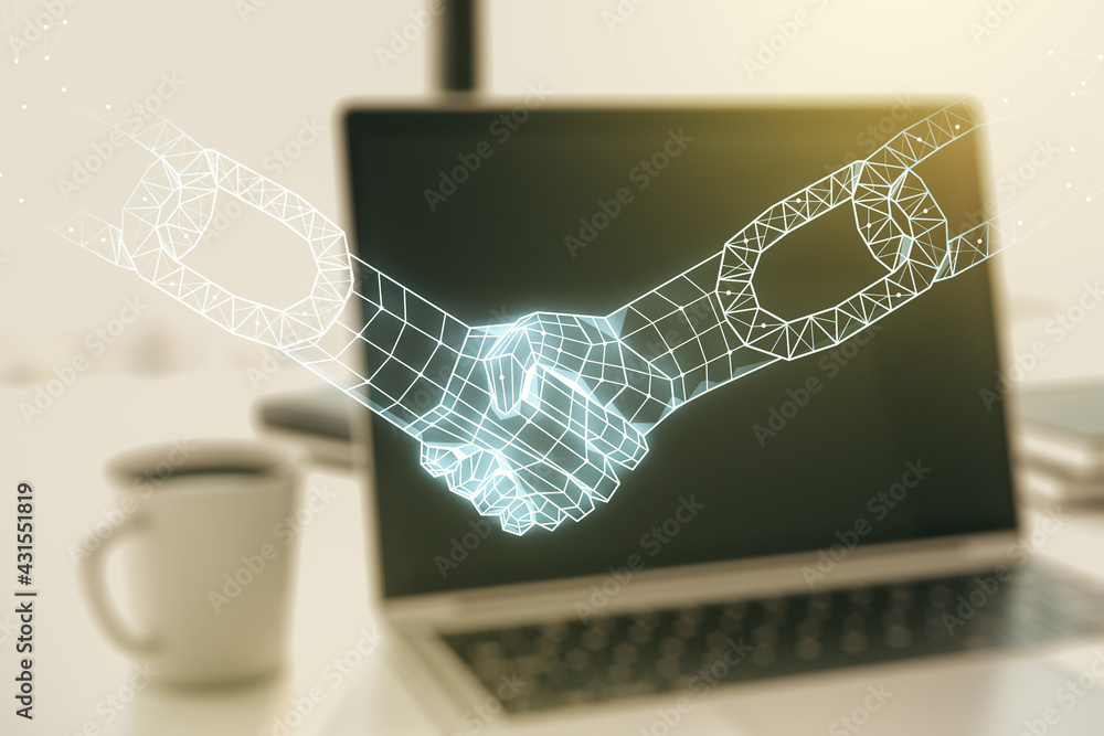 Poster creative abstract block chain technology sketch with handshake on modern laptop background, future t