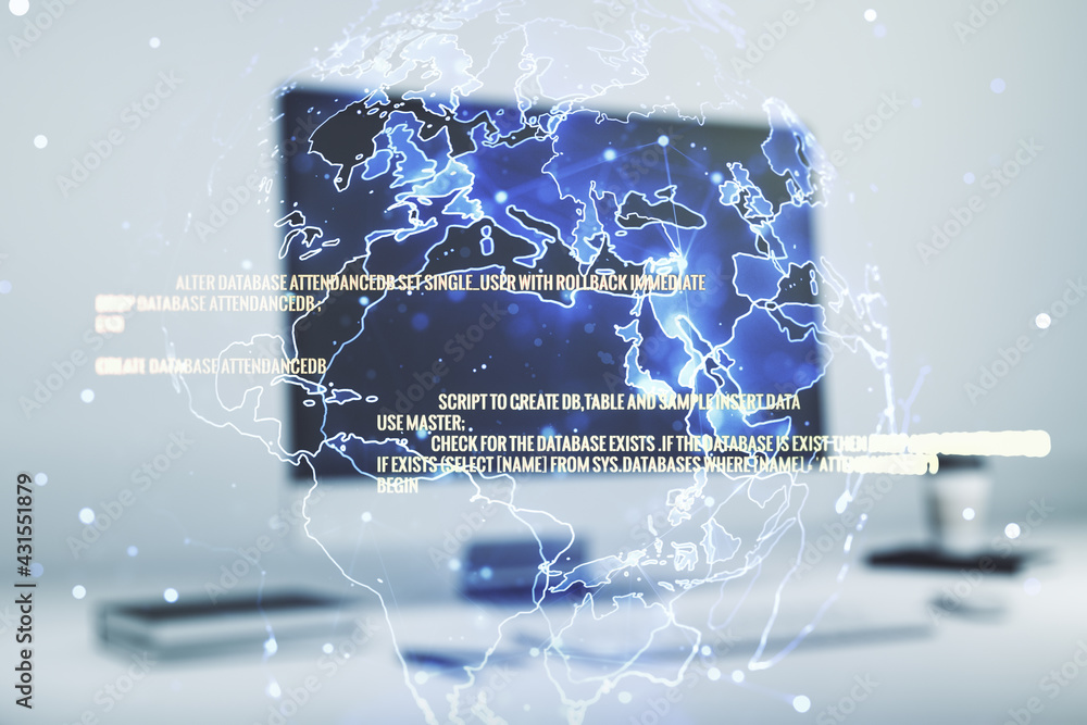 Poster abstract creative coding illustration with world map on modern computer background, international so