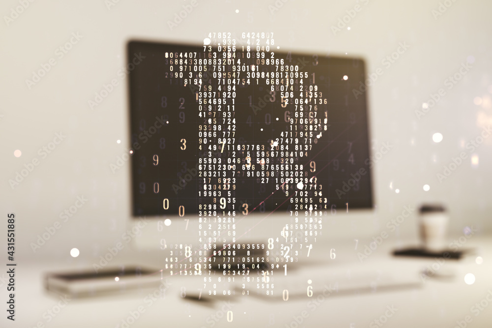 Poster creative bitcoin concept with modern computer background. double exposure