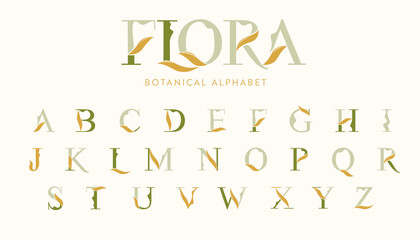 Vector Floral Alphabet with decorative leafs elements. Modern elegance font with uppercase letters. Vector Illustration.