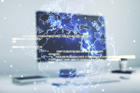 Abstract creative coding illustration with world map on modern computer background, international software development concept. Multiexposure