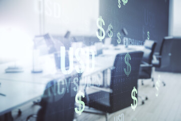 Double exposure of virtual USD symbols hologram on modern corporate office background. Banking and investing concept