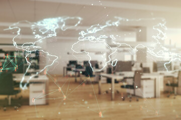 Multi exposure of abstract creative digital world map hologram on a modern furnished office background, tourism and traveling concept